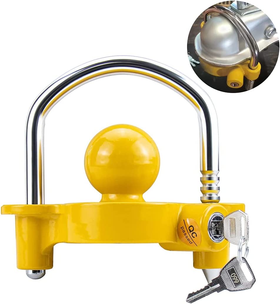 VEKINSE Universal Coupler Lock: Heavy-Duty, Adjustable, Anti-Theft Security Device for Trailers, RVs, Boats - Yellow