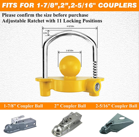 VEKINSE Universal Coupler Lock: Heavy-Duty, Adjustable, Anti-Theft Security Device for Trailers, RVs, Boats - Yellow