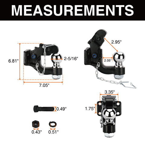 ONLTCO PH-LT-002 | PH-LT-003 Pintle Hitch Receiver Hook 10 TON Combination Hitch Ball 2" | 2-5/16” | 20000lbs