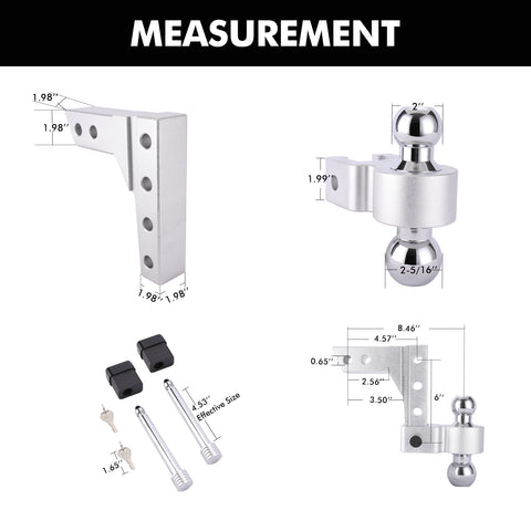 ONLTCO ON30555 Aluminum 6" Adjustable Ball Mount Hitch |  2" & 2-5/16" Chrome Steel Dual Balls | Silver