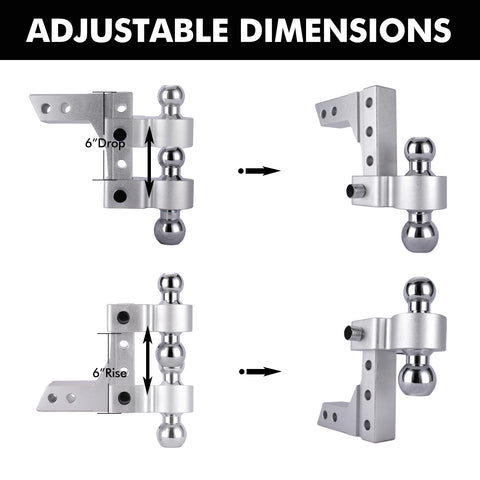 ONLTCO ON30555 Aluminum 6" Adjustable Ball Mount Hitch |  2" & 2-5/16" Chrome Steel Dual Balls | Silver