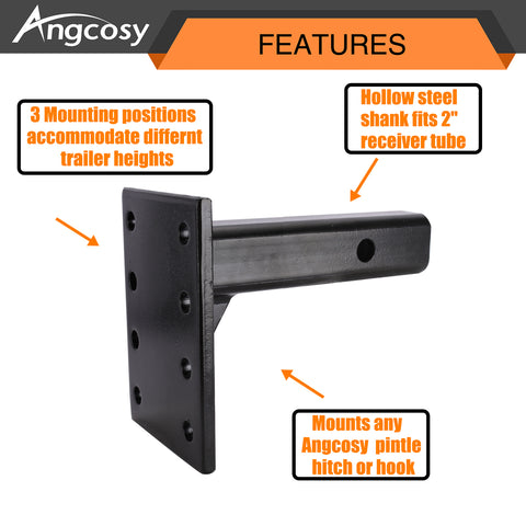 ANGCOSY Pintle Hook Mount for 2" Hitch Receiver ｜ 9-Inch Length | Black