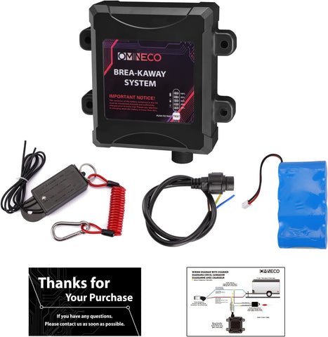 OminEco OE21845 Trailer Breakaway System, Coiled Cable Switch, LED Indicator, 12V Battery Box with Charger, Used for Electric Braking System